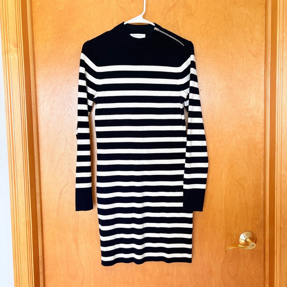 Everlane‎ Black White Striped Ribbed Knit Mock Neck Zip Shoulder Sweater Dress L